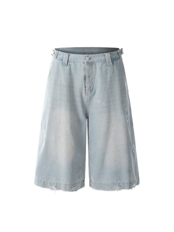 Light Blue Ripped Cropped Jeans for Men & Women - Retro American Style Summer Hip-Hop Loose Shorts Trend