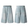 Light Blue Ripped Cropped Jeans for Men & Women - Retro American Style Summer Hip-Hop Loose Shorts Trend