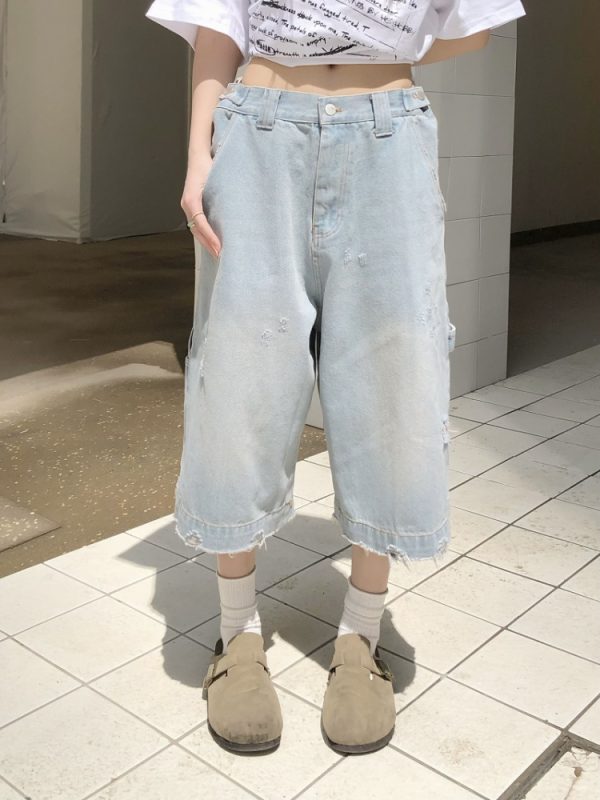Light Blue Ripped Cropped Jeans for Men & Women - Retro American Style Summer Hip-Hop Loose Shorts Trend