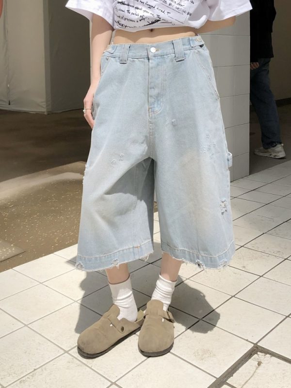 Light Blue Ripped Cropped Jeans for Men & Women - Retro American Style Summer Hip-Hop Loose Shorts Trend