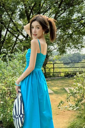 Light Blue Spaghetti Strap Dress with Cinched Waist and Flared Skirt for Beach Vacation, Summer Style, Vacation Ready