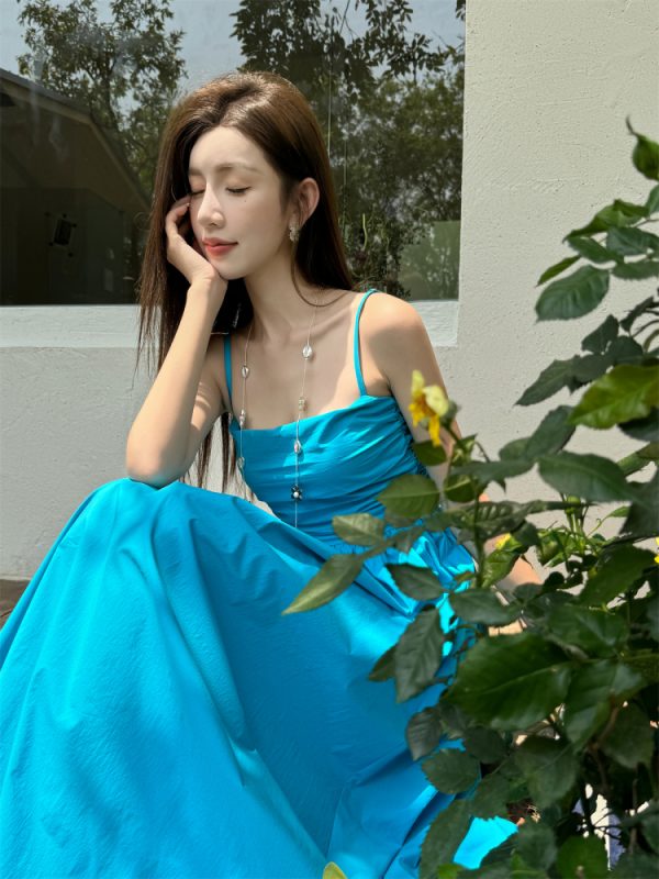 Light Blue Spaghetti Strap Dress with Cinched Waist and Flared Skirt for Beach Vacation, Summer Style, Vacation Ready
