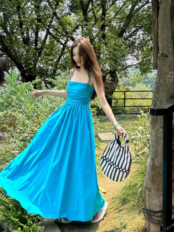 Light Blue Spaghetti Strap Dress with Cinched Waist and Flared Skirt for Beach Vacation, Summer Style, Vacation Ready