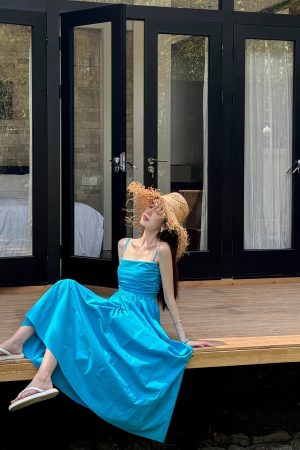 Light Blue Spaghetti Strap Dress with Cinched Waist and Flared Skirt for Beach Vacation, Summer Style, Vacation Ready