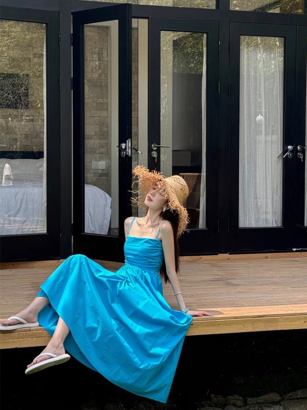 Light Blue Spaghetti Strap Dress with Cinched Waist and Flared Skirt for Beach Vacation, Summer Style, Vacation Ready