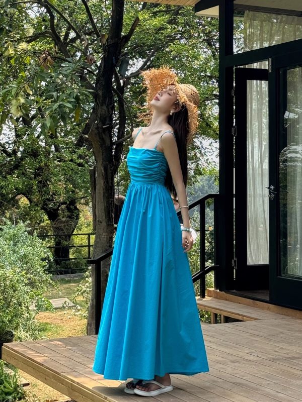 Light Blue Spaghetti Strap Dress with Cinched Waist and Flared Skirt for Beach Vacation, Summer Style, Vacation Ready