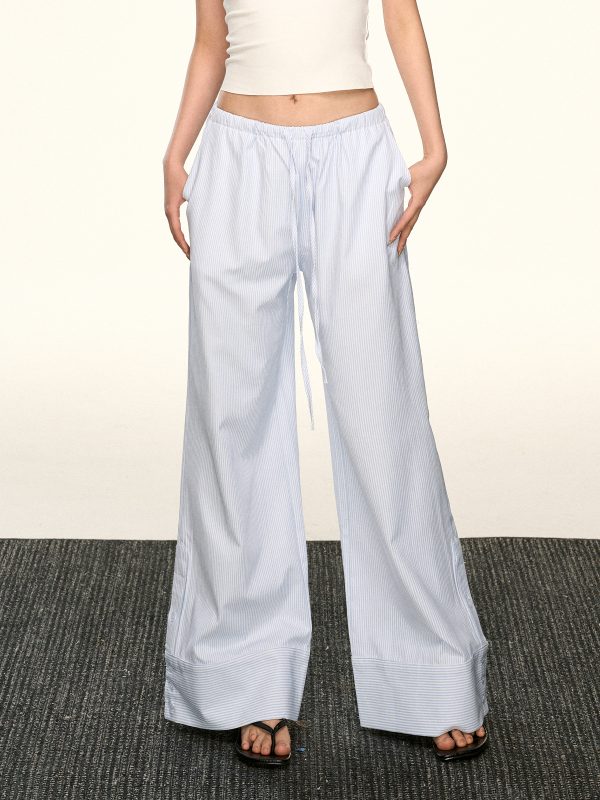 Light Blue Striped Drawstring Casual Pants for Women - Retro Wide-Leg Design for Spring and Summer, Relaxed Fit, Y2K Style