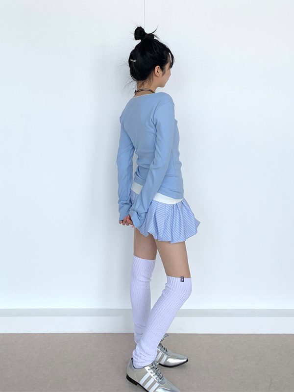 Light Blue Striped Floral Puff Skirt - Spring Collection Girl-Style Ballet Cake Skirt for a 90s Y2K Look