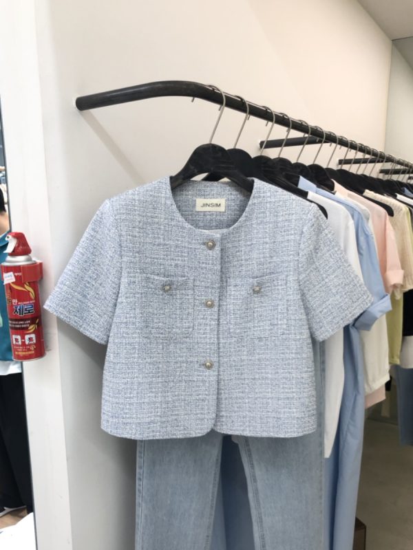 Light Blue Summer Short Blazer - Korean Style, Thin Fabric, Short Sleeve Top, 2025 Fashion, Flattering Goddess Look