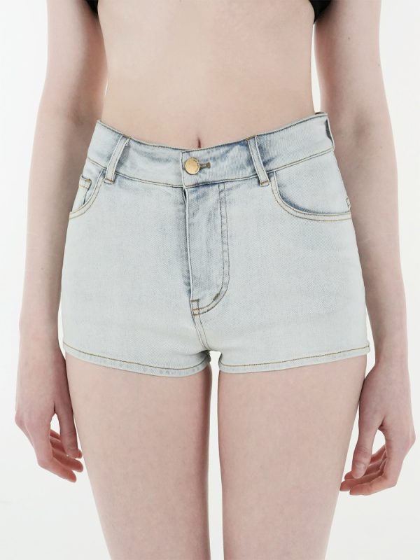 Light Blue Washed Stretchy Denim Shorts for Women - Retro 90s Style High-Waisted Casual Summer Shorts