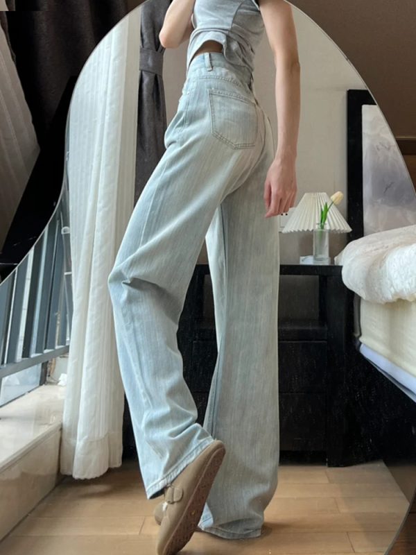 Light-Colored High-Waisted Wide-Leg Denim Pants for Women - Summer 2025 Plus Size Slim-Fit Straight-Leg Style