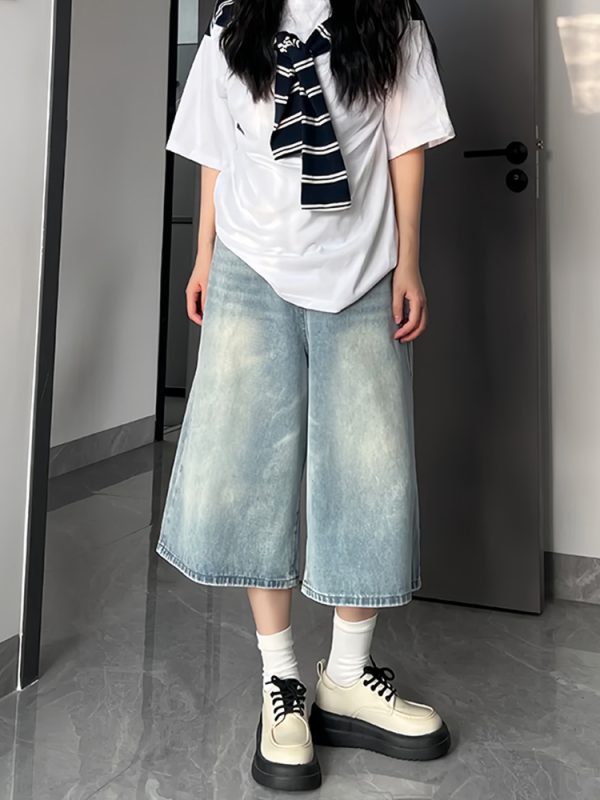 Light-Colored Women's Plus-Size Summer Wide-Leg Pants, High-Waisted Loose-Fitting 7/8 Length Trousers for a Flattering Fit