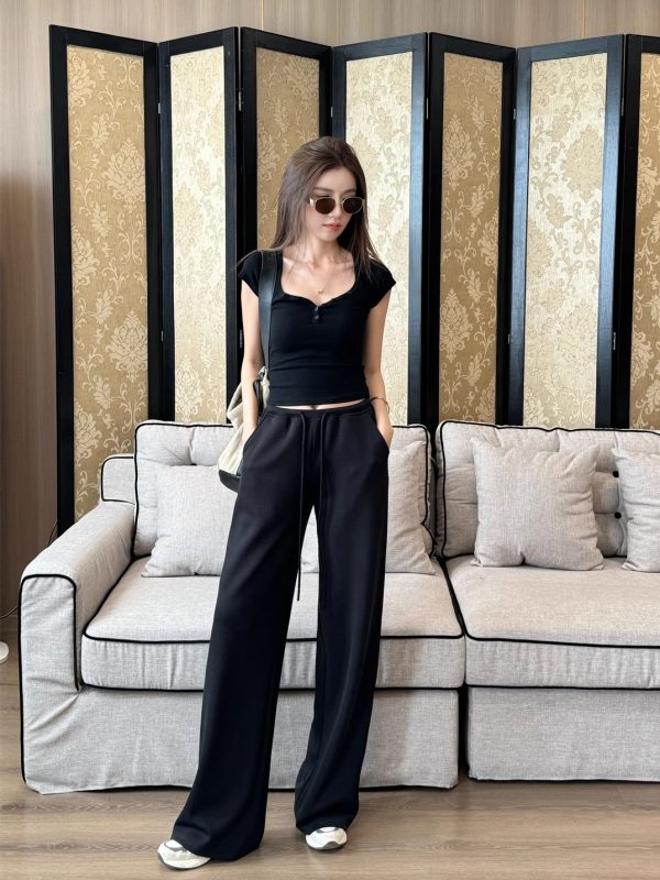 Light Fabric Summer Heart Collar Short Sleeve Slim T-Shirt & Low-Waist Draped Wide-Leg Pants Set for Women - Y2K Style