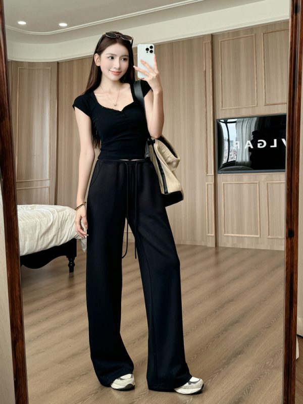 Light Fabric Summer Heart Collar Short Sleeve Slim T-Shirt & Low-Waist Draped Wide-Leg Pants Set for Women - Y2K Style