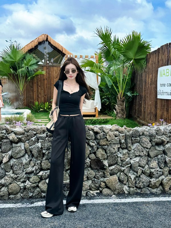 Light Fabric Summer Heart Collar Short Sleeve Slim T-Shirt & Low-Waist Draped Wide-Leg Pants Set for Women - Y2K Style