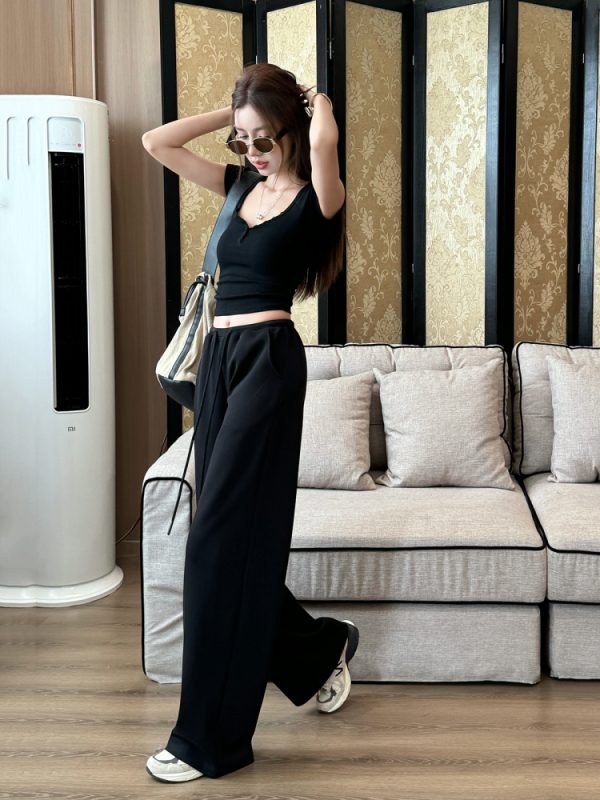 Light Fabric Summer Heart Collar Short Sleeve Slim T-Shirt & Low-Waist Draped Wide-Leg Pants Set for Women - Y2K Style