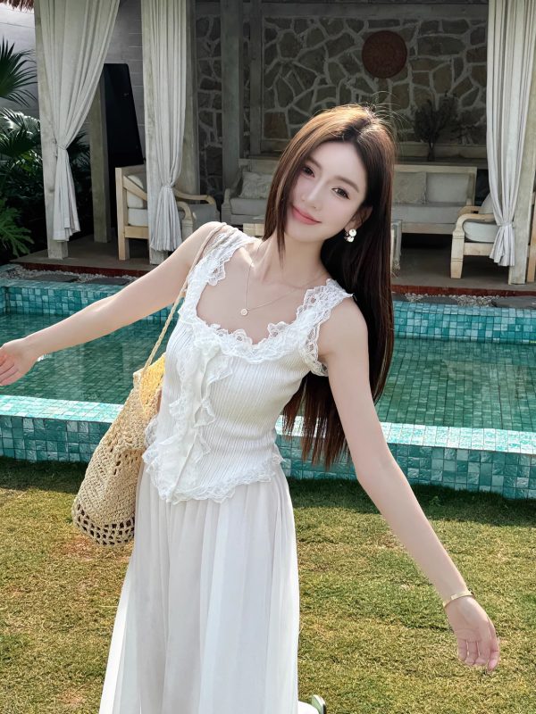 Light Fabric Summer Lace Trim Spliced Inner Knitted Vest Shirt for Women - Sweet & Spicy Style