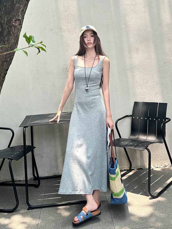 Light Gray Cotton Sleeveless Dress with Fitted Waist, French Style High-Waisted Long Skirt, Summer Thin Fabric for Women