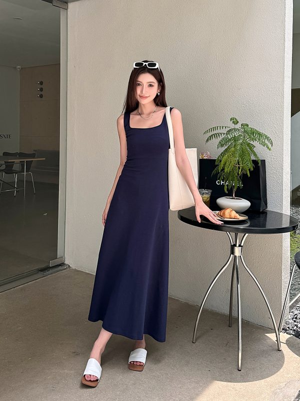 Light Gray Cotton Sleeveless Dress with Fitted Waist, French Style High-Waisted Long Skirt, Summer Thin Fabric for Women