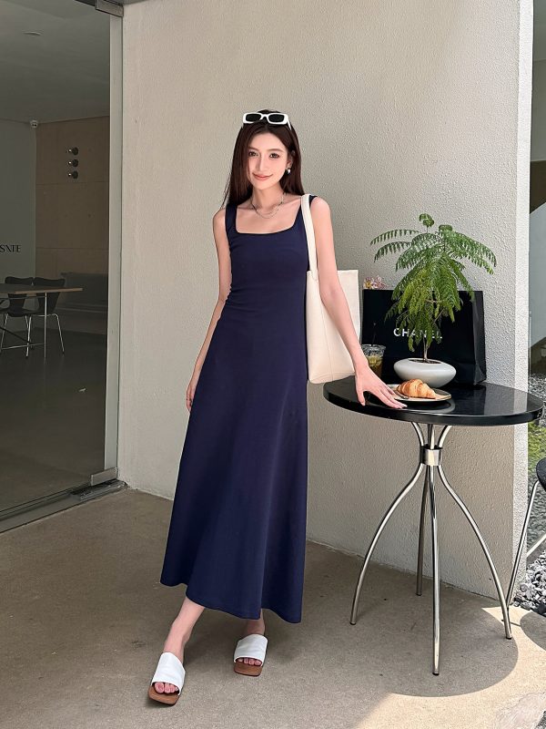 Light Gray Cotton Sleeveless Dress with Fitted Waist, French Style High-Waisted Long Skirt, Summer Thin Fabric for Women