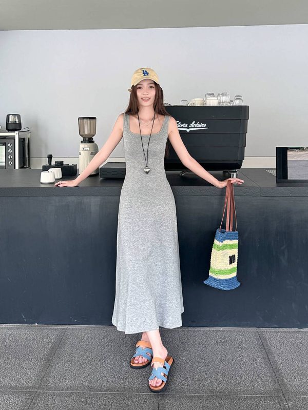 Light Gray Cotton Sleeveless Dress with Fitted Waist, French Style High-Waisted Long Skirt, Summer Thin Fabric for Women