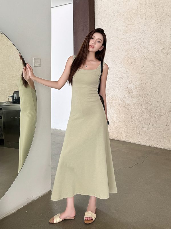 Light Gray Cotton Sleeveless Dress with Fitted Waist, French Style High-Waisted Long Skirt, Summer Thin Fabric for Women
