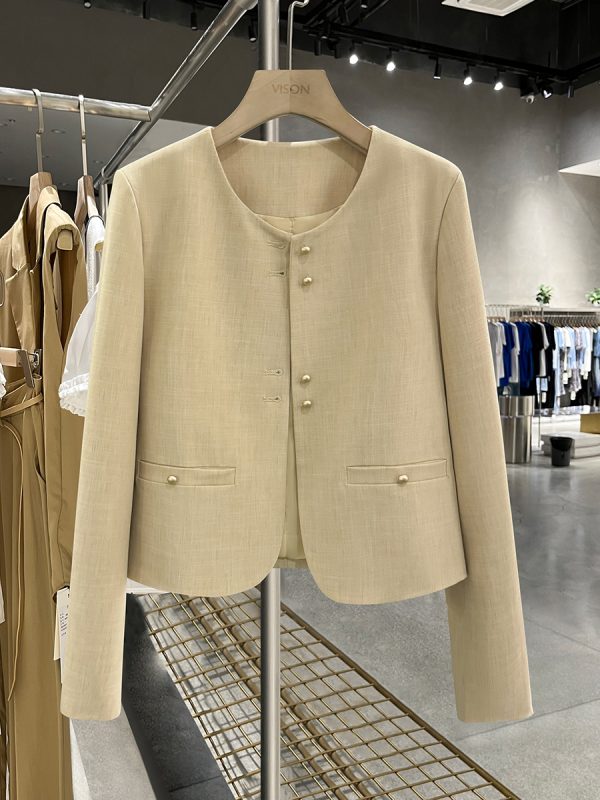 Light Khaki French-Style Short Blazer for Women, Spring Autumn 2025, Chic Mature Top, Korean Style Fashion