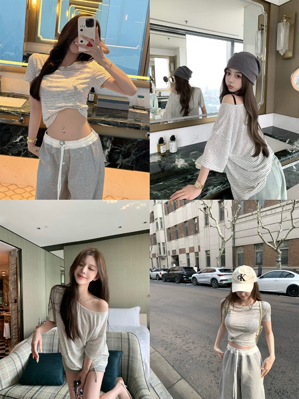 Light Oxygen Holiday Vintage Striped Short Sleeve T-Shirt for Women - Summer Casual Relaxed Round Neck Top, Y2K Style