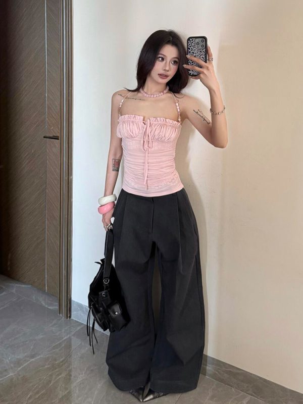 Light Pink Beaded Shoulder Strap Camisole for Women, Summer Lace Splicing Fitted Sexy Top, Y2K Style Outerwear