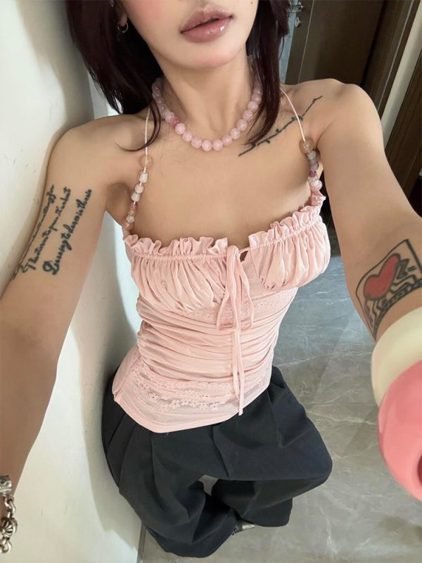 Light Pink Beaded Shoulder Strap Camisole for Women, Summer Lace Splicing Fitted Sexy Top, Y2K Style Outerwear