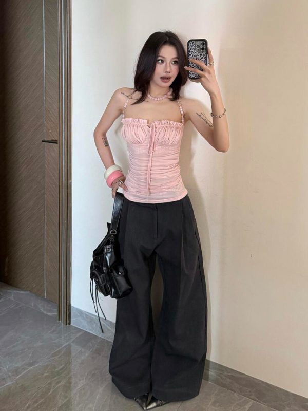 Light Pink Beaded Shoulder Strap Camisole for Women, Summer Lace Splicing Fitted Sexy Top, Y2K Style Outerwear