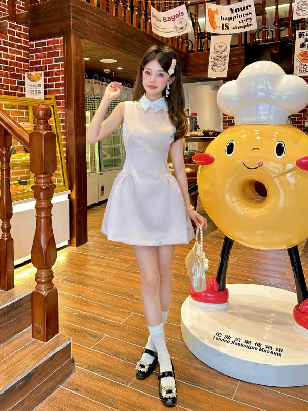 Light Pink Glossy Satin Sleeveless Shirt Dress with Waist-Cinching Design and Faux Two-Piece Skirt for Spring, Y2K Style
