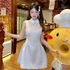 Light Pink Glossy Satin Sleeveless Shirt Dress with Waist-Cinching Design and Faux Two-Piece Skirt for Spring, Y2K Style