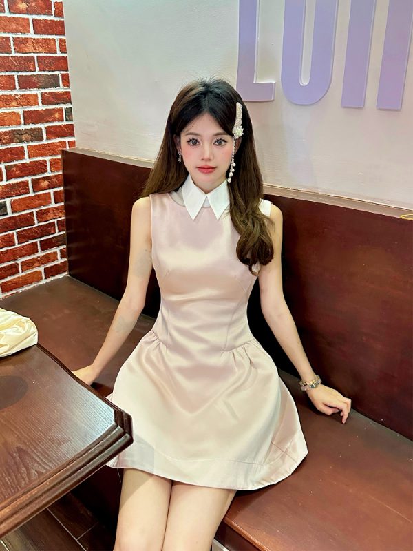 Light Pink Glossy Satin Sleeveless Shirt Dress with Waist-Cinching Design and Faux Two-Piece Skirt for Spring, Y2K Style