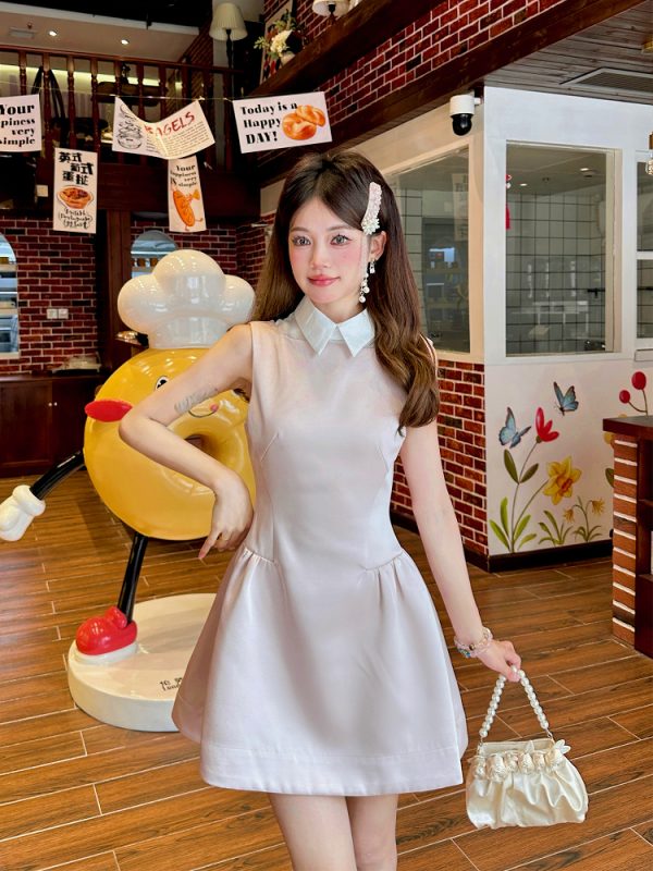 Light Pink Glossy Satin Sleeveless Shirt Dress with Waist-Cinching Design and Faux Two-Piece Skirt for Spring, Y2K Style
