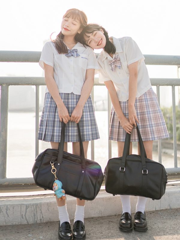Light Rain Falling Flowers Gemini Check JK Uniform with Pudding Bear Design and Authentic Check Skirt - Y2K Fashion Style