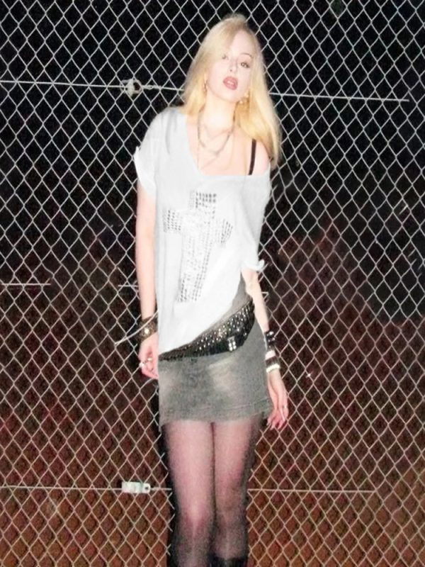 Light Subculture Cross Sequin Loose Mid-Length T-Shirt for Women - Relaxed Big V-Neck Short Sleeve Summer Top