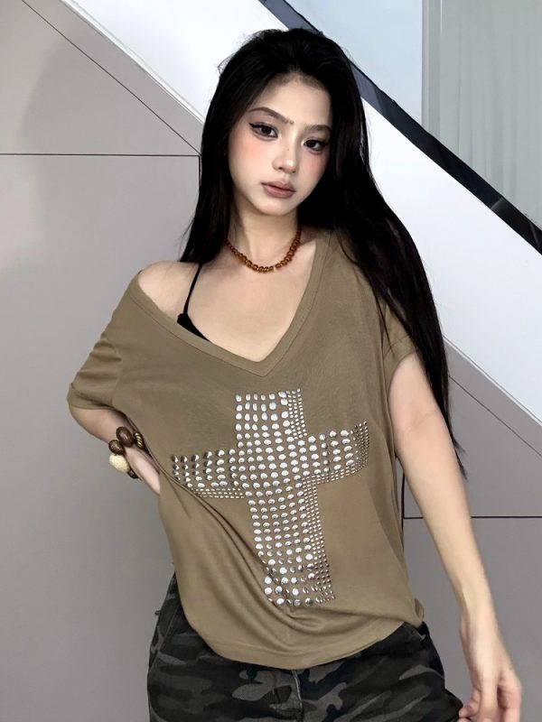 Light Subculture Cross Sequin Loose Mid-Length T-Shirt for Women - Relaxed Big V-Neck Short Sleeve Summer Top