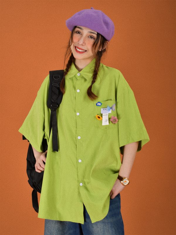 Light Yellow Short Sleeve Shirt for Women - Vintage Loose Fit Korean Style Summer Top - Popular Half Sleeve Design for Students