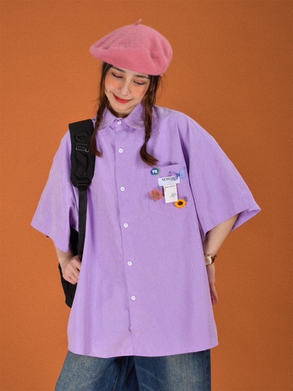 Light Yellow Short Sleeve Shirt for Women - Vintage Loose Fit Korean Style Summer Top - Popular Half Sleeve Design for Students