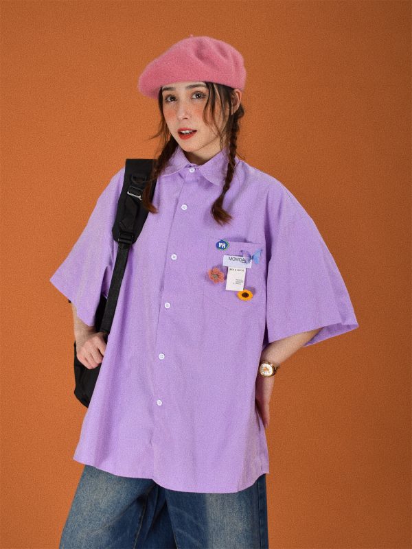 Light Yellow Short Sleeve Shirt for Women - Vintage Loose Fit Korean Style Summer Top - Popular Half Sleeve Design for Students