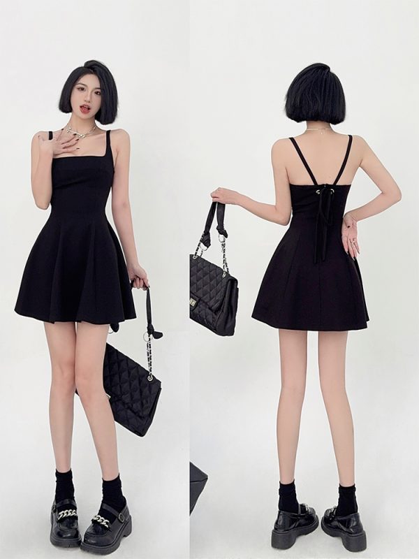 Lightweight A-Line Short Skirt for Tall Women, High Waist, Square Neck, Slimming, Stretchy Little Black Dress for Spring & Summer