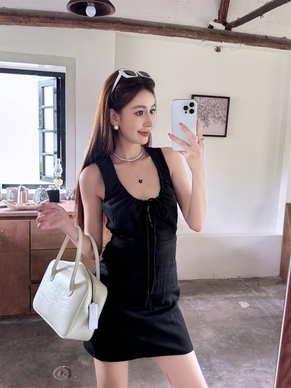 Lightweight Adjustable U-Neck Hollow Black Tank Dress, Slimming Tencel Summer Dress with French Short Skirt Style