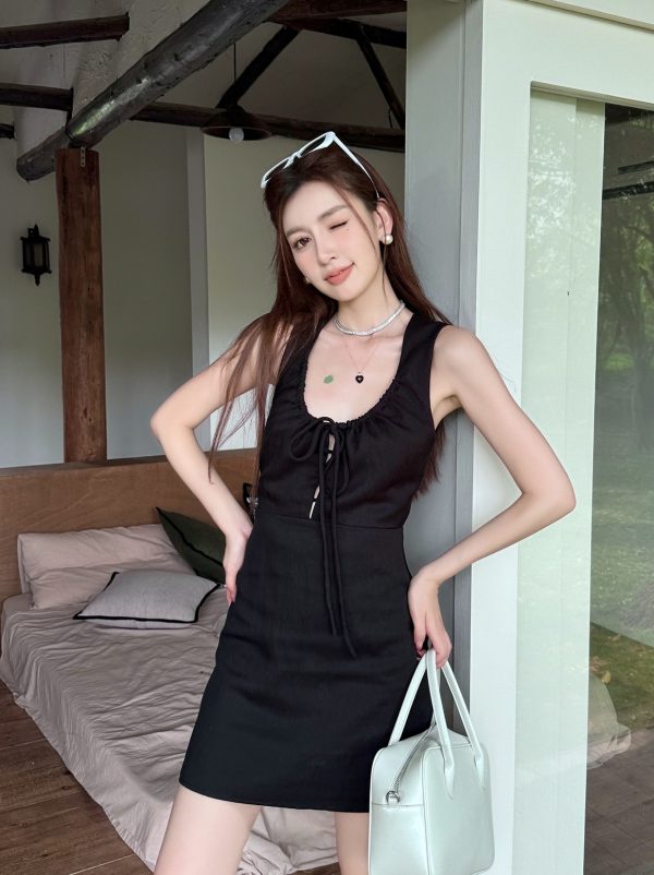 Lightweight Adjustable U-Neck Hollow Black Tank Dress, Slimming Tencel Summer Dress with French Short Skirt Style