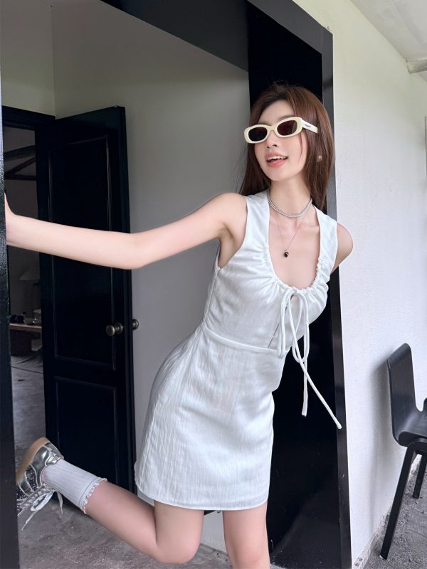 Lightweight Adjustable U-Neck Hollow Black Tank Dress, Slimming Tencel Summer Dress with French Short Skirt Style