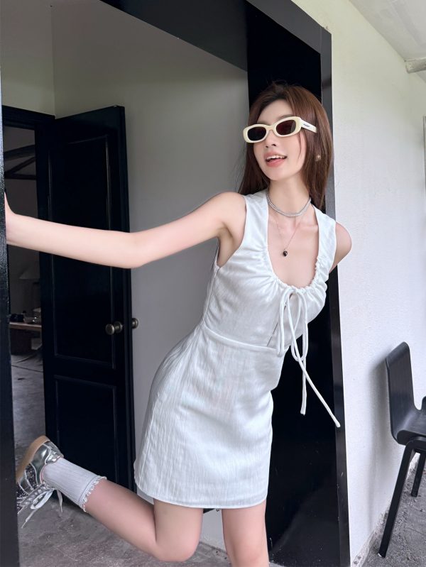 Lightweight Adjustable U-Neck Hollow Sexy Tank Dress - Slimming Tencel Summer Dress with French Short Skirt in White