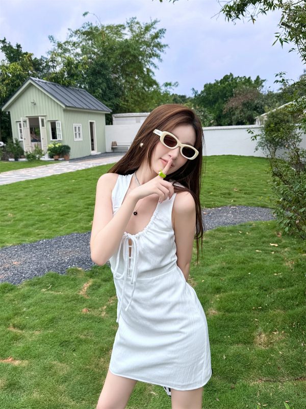 Lightweight Adjustable U-Neck Hollow Sexy Tank Dress - Slimming Tencel Summer Dress with French Short Skirt in White