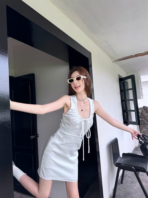 Lightweight Adjustable U-Neck Hollow Sexy Tank Dress - Slimming Tencel Summer Dress with French Short Skirt in White