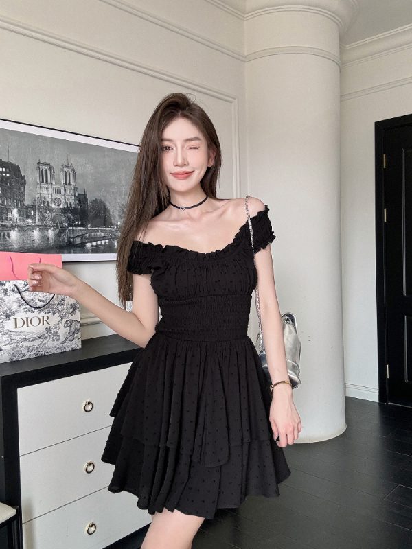 Lightweight Black Ruffled High-Waisted Swing Dress - Summer Elastic Slimming Princess Style