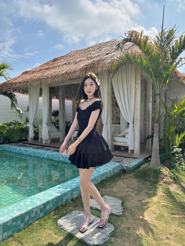 Lightweight Black Ruffled High-Waisted Swing Dress - Summer Elastic Slimming Princess Style